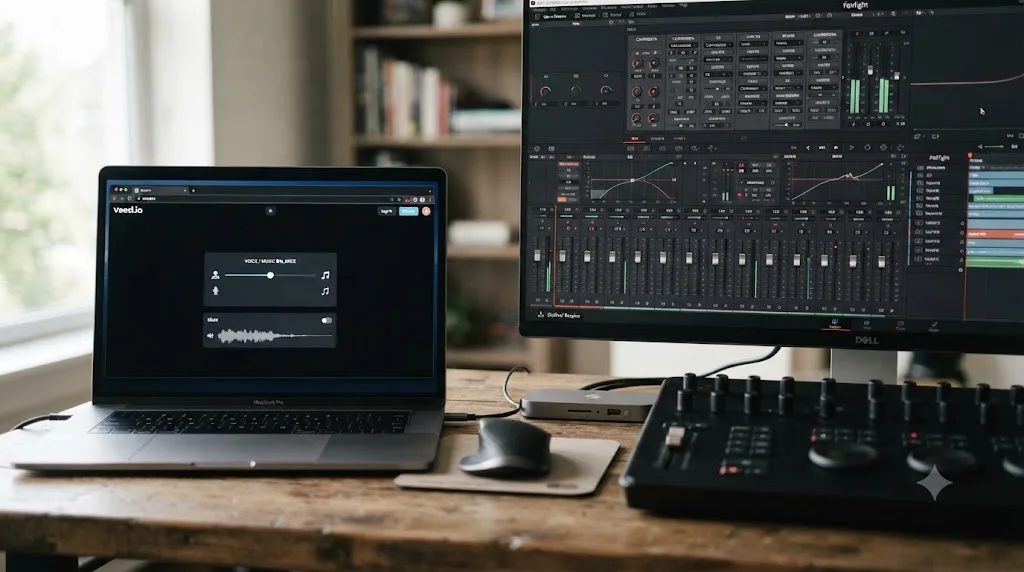 Illustration comparing DaVinci Resolve's Fairlight audio mixing console to Veed.io's simpler voice and music balance slider