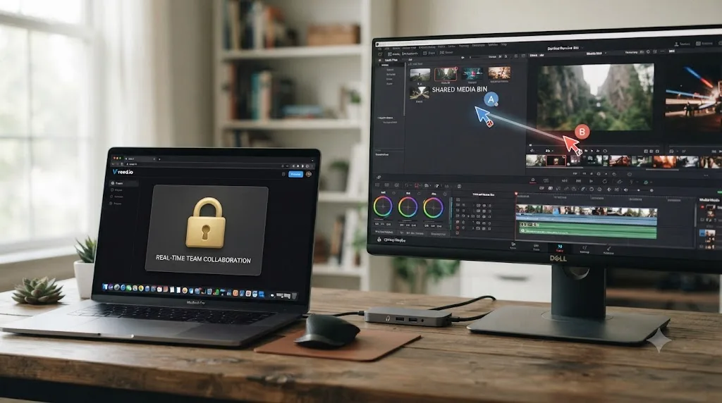 Illustration comparing DaVinci Resolve's free shared-bin collaboration tools to a locked collaboration feature inside a browser-based editor