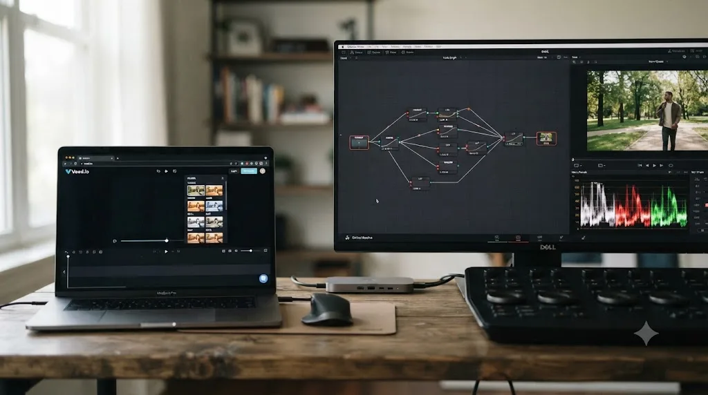 Illustration comparing DaVinci Resolve's node-based color grading with scopes to a simple filter dropdown in a browser editor