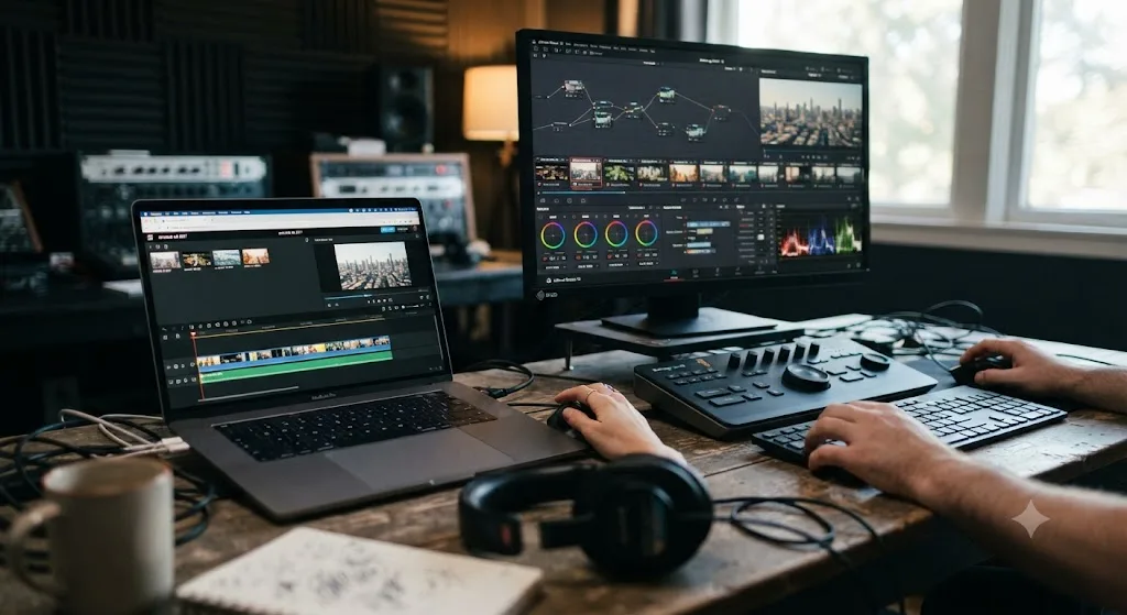 Illustration of a browser tab running a simple video editor next to a desktop screen running DaVinci Resolve's multi-page interface