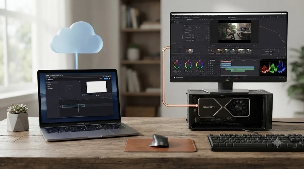 Illustration comparing Veed.io's cloud-based rendering to DaVinci Resolve's local GPU-based rendering