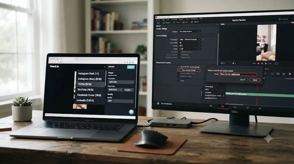 Illustration comparing a browser editor's built-in social platform export presets to DaVinci Resolve's Deliver page with a manually saved custom preset
