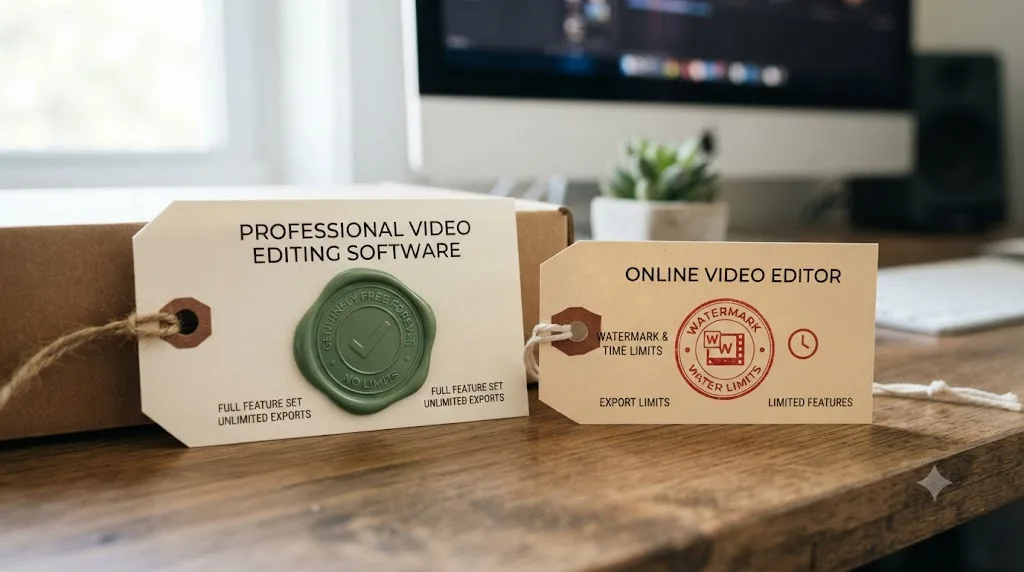 Illustration of two price tags comparing DaVinci Resolve's genuinely free edition against Veed.io's watermarked, time-capped free plan