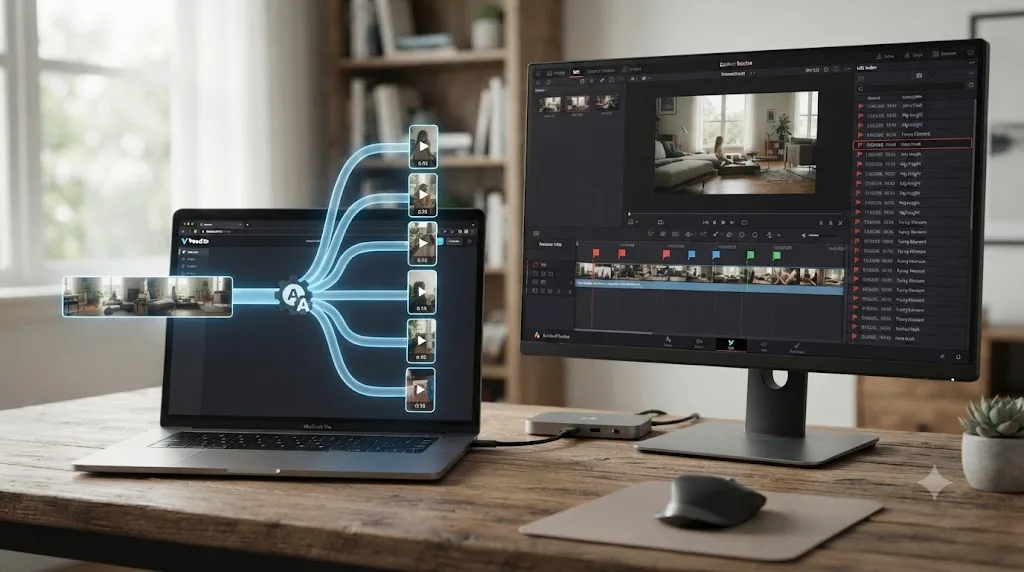 Illustration comparing an automated clip-generation workflow to DaVinci Resolve's manual marker and search-based repurposing workflow