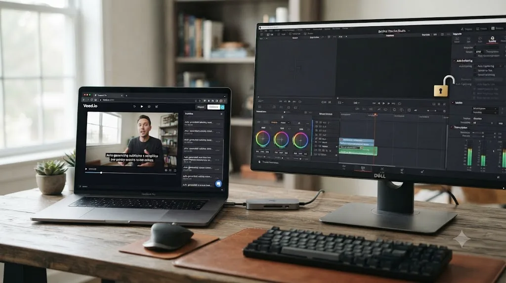 Illustration of automatic subtitle generation appearing in a browser editor, next to DaVinci Resolve's subtitle feature shown gated behind a Studio-only lock icon