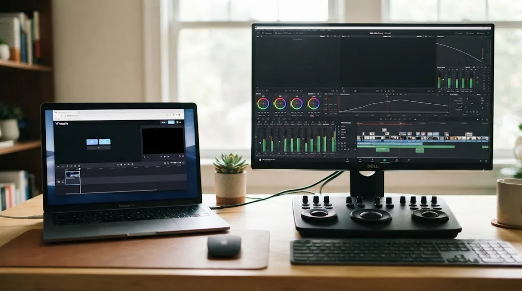 Illustration comparing a simple browser-based editing timeline to DaVinci Resolve's denser multi-tab desktop application
