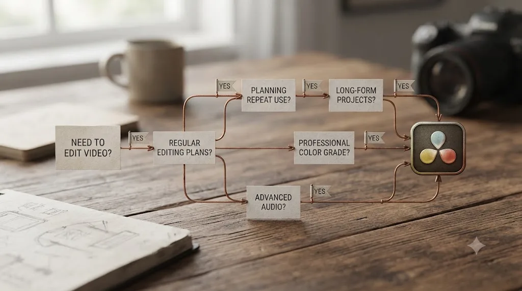 Illustration of a decision flowchart branching toward DaVinci Resolve based on regular editing plans, color needs, and long-form work