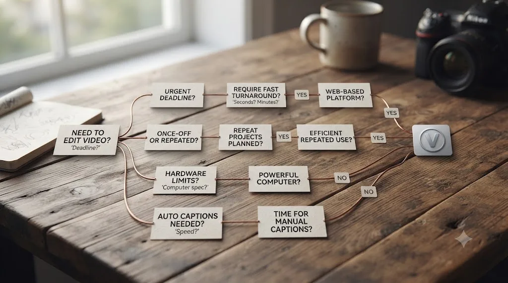 Illustration of a decision flowchart branching toward Veed.io based on deadline, caption needs, and hardware constraints