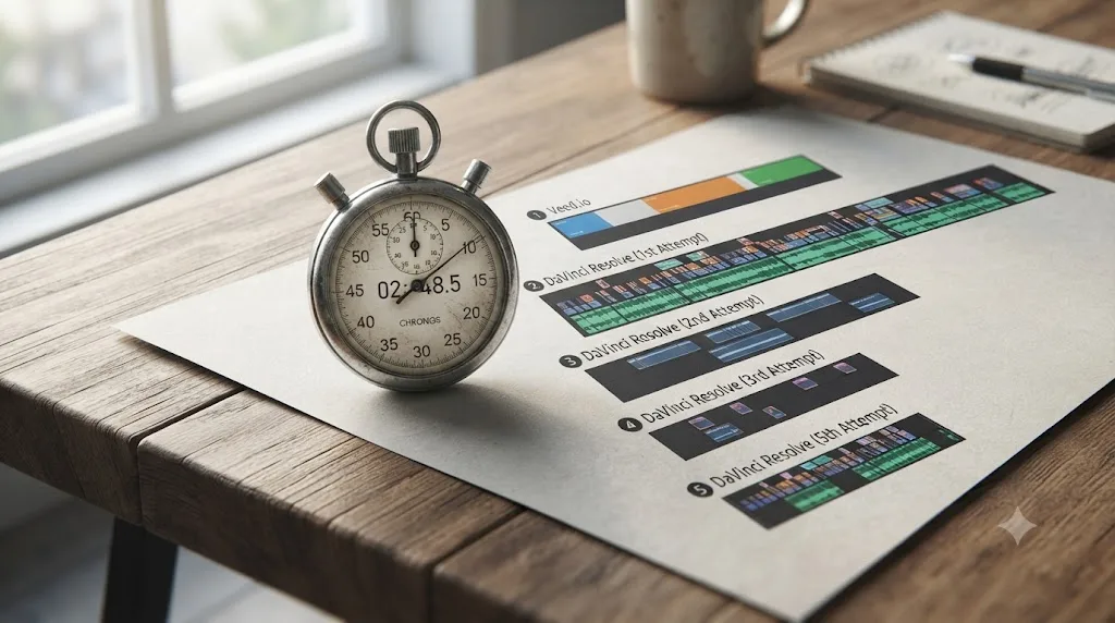 Illustration of a stopwatch comparing a Veed.io editing session against a DaVinci Resolve session that shortens with repeated practice