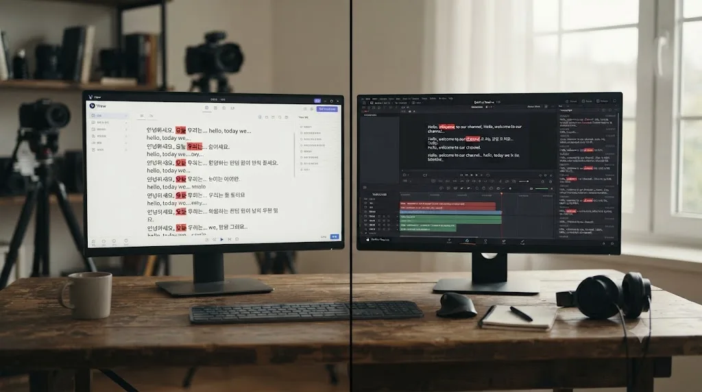 Illustration comparing two auto-generated transcripts, one from Vrew and one from DaVinci Resolve, with likely transcription errors highlighted