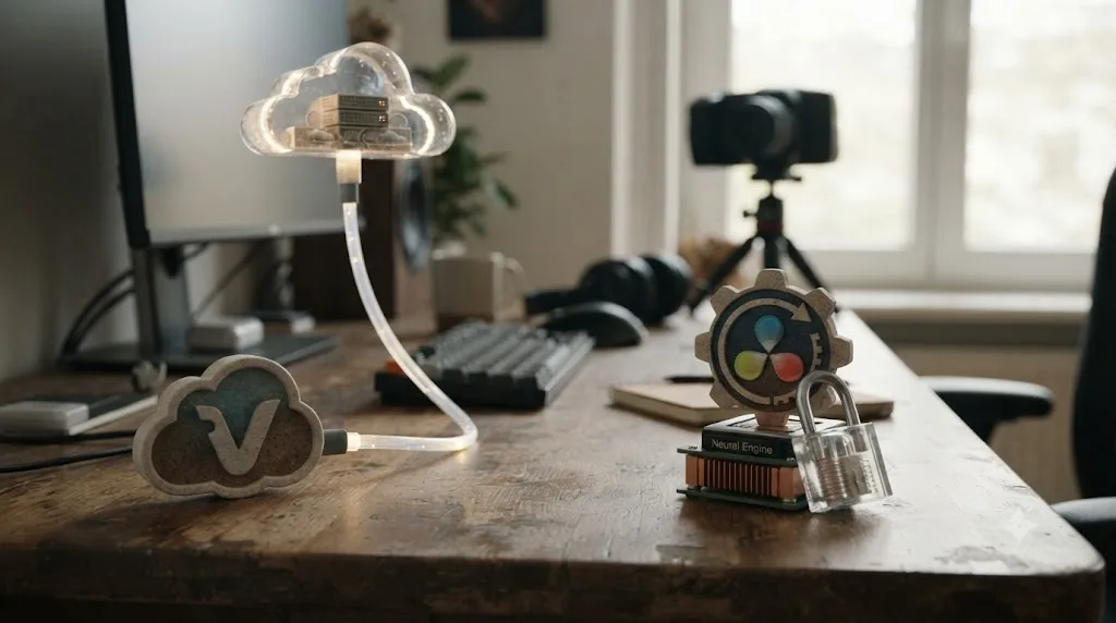 Illustration contrasting Vrew's cloud-based AI processing with DaVinci Resolve's local, on-device Neural Engine processing