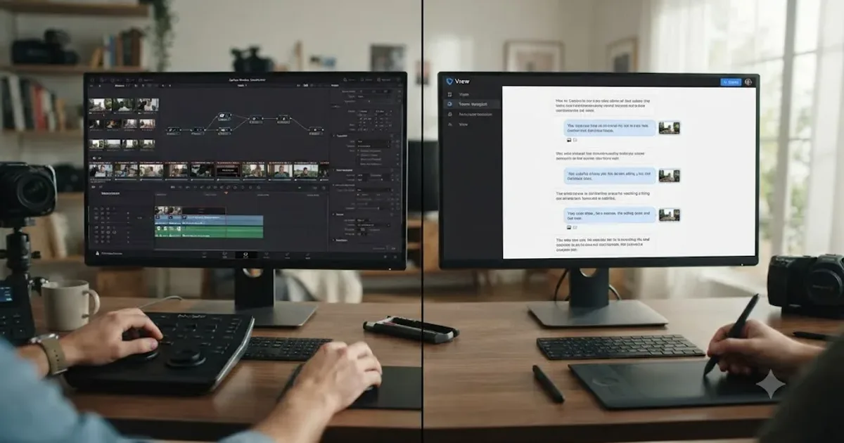 Illustration of two subtitle editing panels side by side, one showing a node-based timeline and one showing a text transcript with caption bubbles