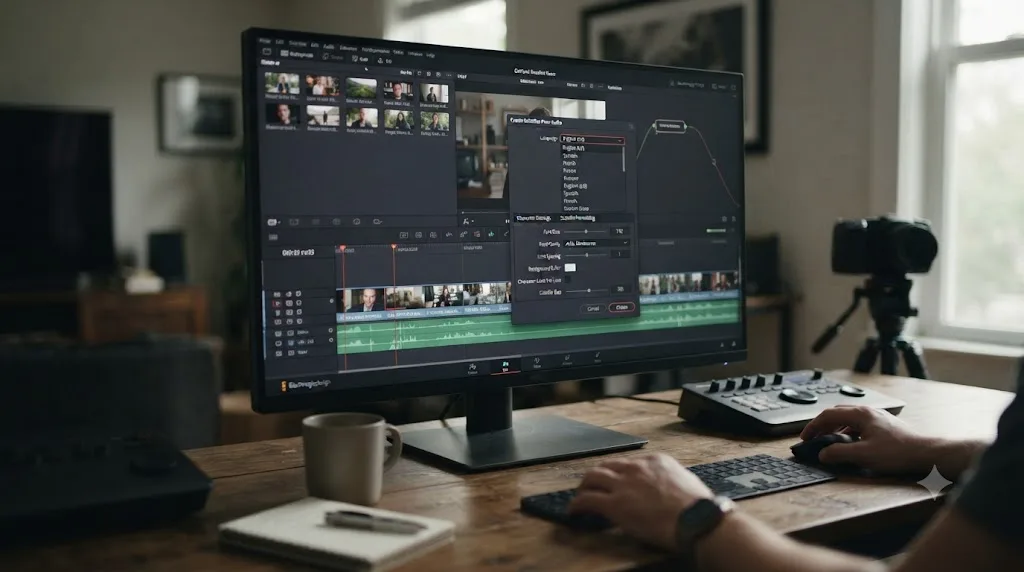 Illustration of the Create Subtitles from Audio dialog box in DaVinci Resolve with language and formatting options