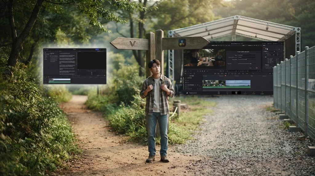 Illustration of a beginner standing at a fork in the road between Vrew's transcript editor and DaVinci Resolve's five-page interface