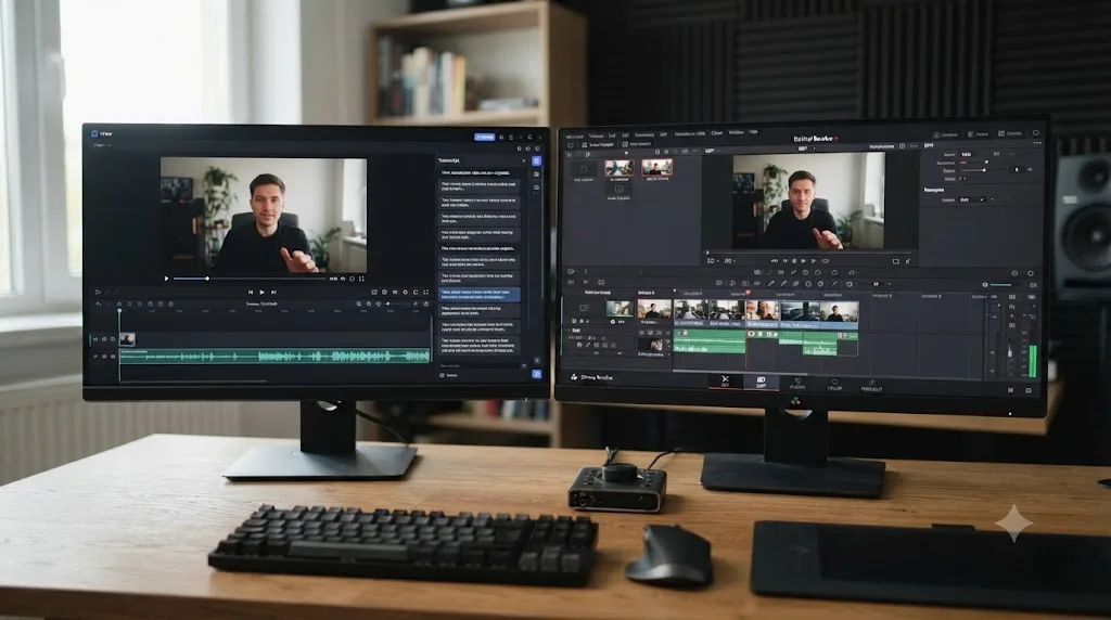 Illustration comparing Vrew's single-window editor to DaVinci Resolve's five connected pages for editing, color, audio, and compositing