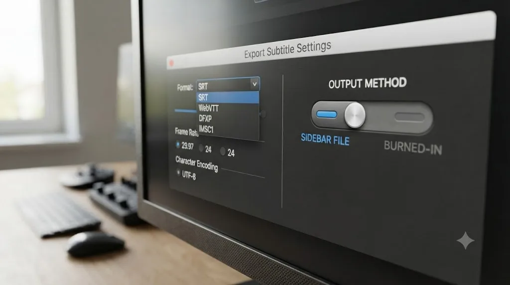 Illustration of a subtitle export dialog comparing sidecar caption file formats against a burned-in captions toggle