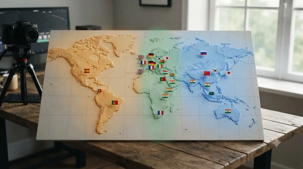 Illustration of a world map comparing Vrew and DaVinci Resolve's supported auto-transcription languages with an overlapping region