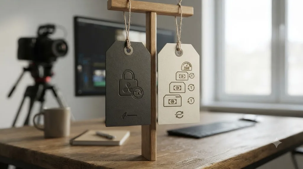 Illustration of two price tags comparing a one-time purchase model against a recurring monthly credit-metered subscription