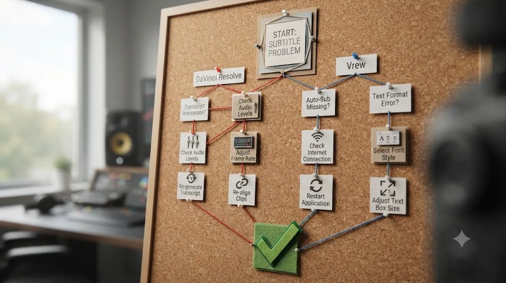 Illustration of a troubleshooting flowchart with separate branches for fixing common DaVinci Resolve and Vrew auto-subtitle problems