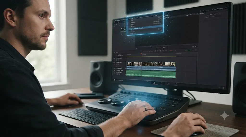 Illustration of a person working inside DaVinci Resolve's Edit page with an assistant overlay pointing at the Create Subtitles from Audio menu item