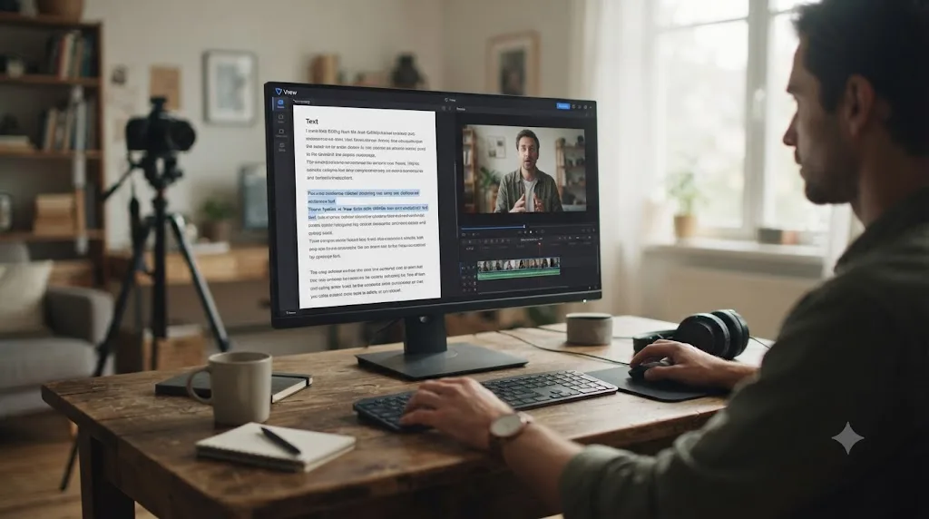 Illustration of a person editing a text transcript in Vrew with the video preview trimming automatically as captions appear