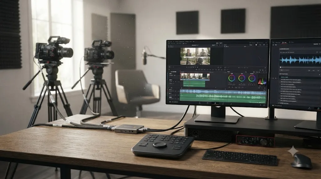 Illustration of a two-camera interview workflow feeding into one DaVinci Resolve project for multicam editing, color, audio, and subtitles