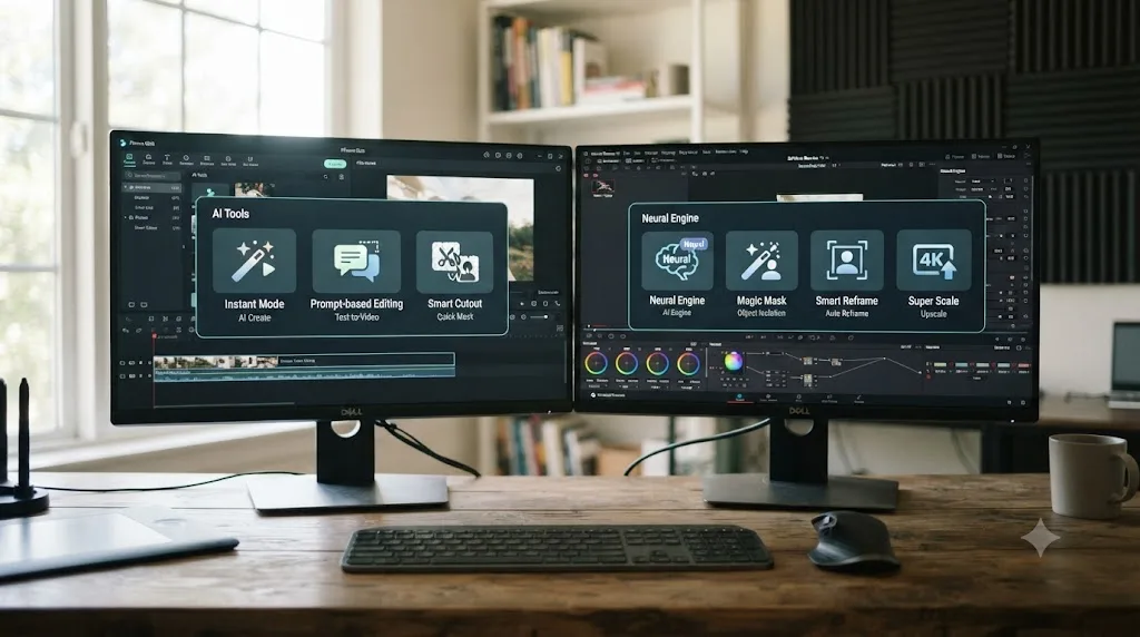 Illustration comparing Wondershare Filmora's one-tap AI tools to DaVinci Resolve's Neural Engine AI features