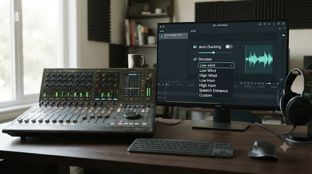Illustration comparing DaVinci Resolve's Fairlight audio console to Filmora's ducking and denoise audio tools