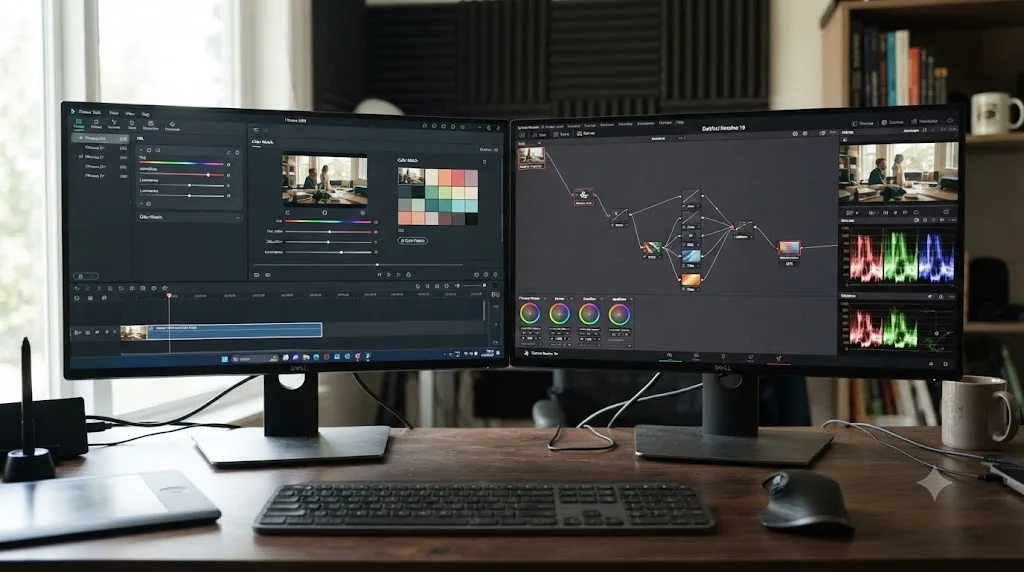 Illustration comparing Filmora's HSL and Color Match tools to DaVinci Resolve's node based Color page