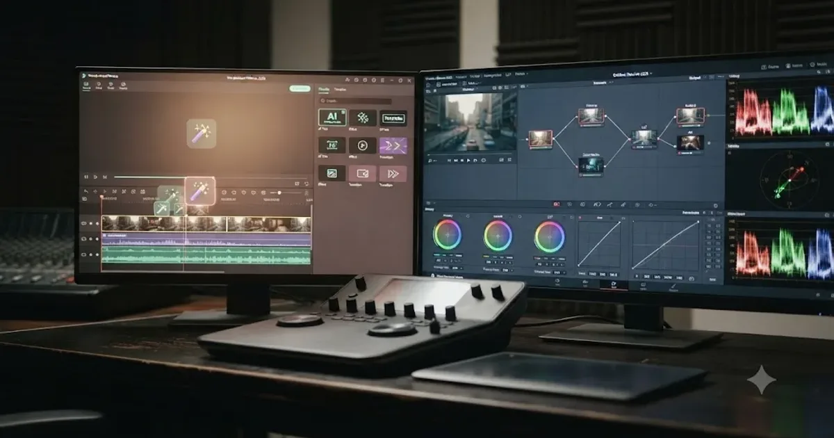 Illustration of a Wondershare Filmora AI editing timeline next to a DaVinci Resolve node based color grading workspace