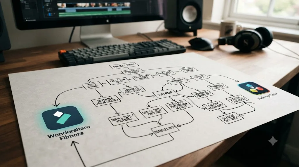Illustration of a decision flowchart branching toward Wondershare Filmora or DaVinci Resolve based on specific project needs