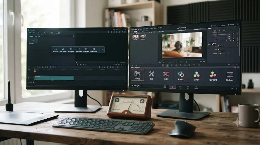 Illustration comparing the interface complexity of Filmora's single toolbar to DaVinci Resolve's seven page layout