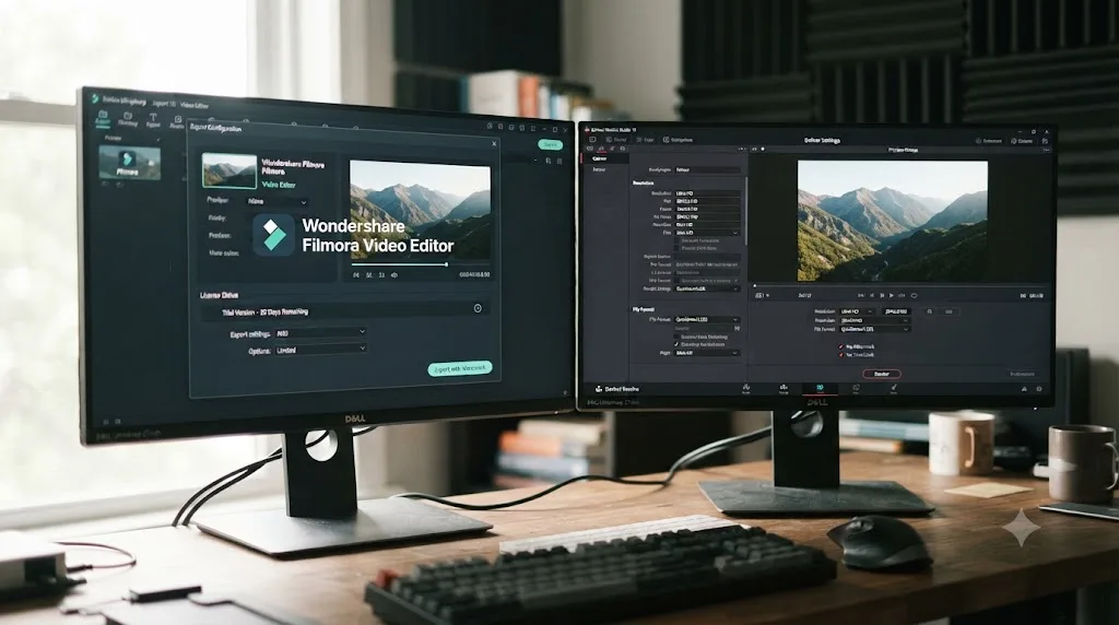 Illustration comparing a watermarked Filmora trial export to DaVinci Resolve's unrestricted free Ultra HD export