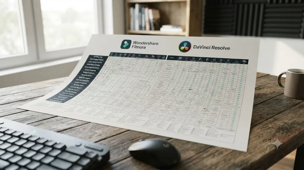 Illustration of a full side by side comparison chart between Wondershare Filmora and DaVinci Resolve