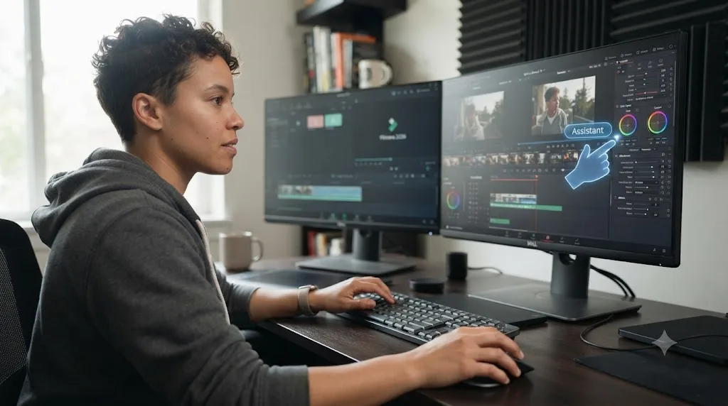 Illustration of a person switching from Filmora to DaVinci Resolve with an assistant pointing at a control on screen