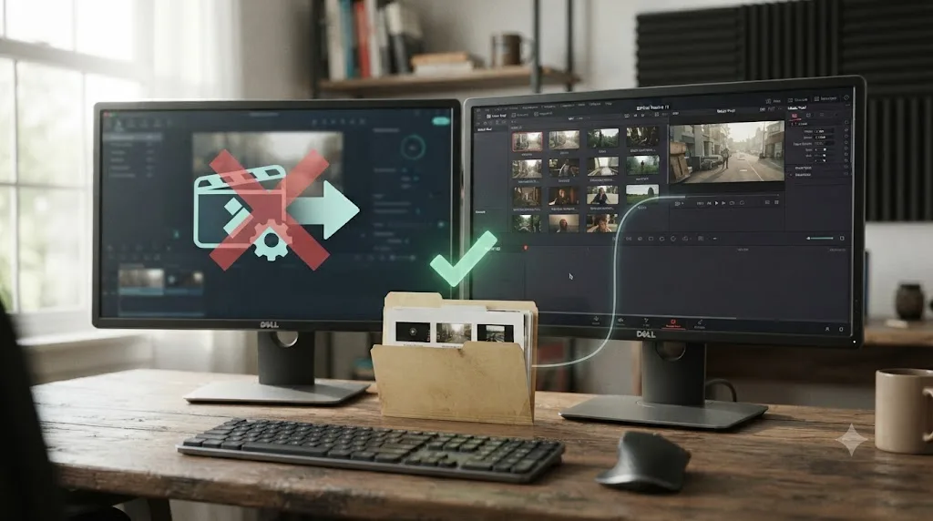 Illustration showing a blocked Filmora project export next to raw footage files flowing successfully into DaVinci Resolve