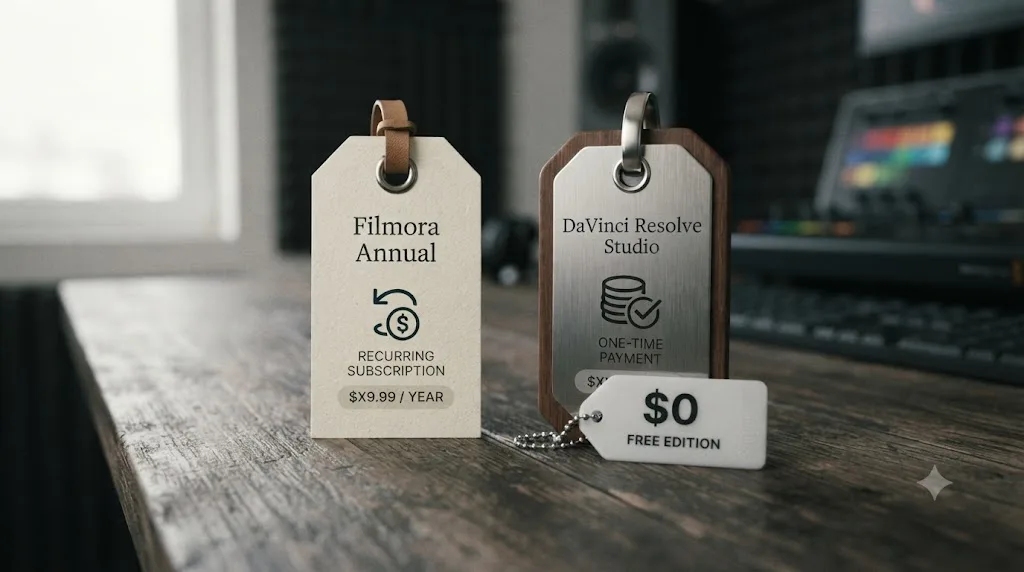 Illustration comparing Filmora's recurring subscription cost to DaVinci Resolve's one-time Studio payment and free edition