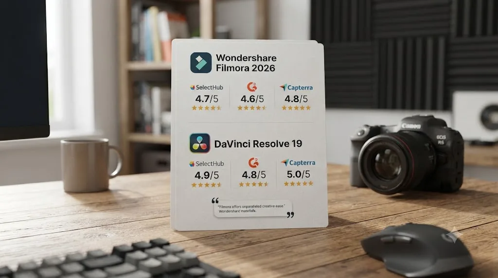 Illustration of review score cards comparing Wondershare Filmora and DaVinci Resolve ratings across review platforms