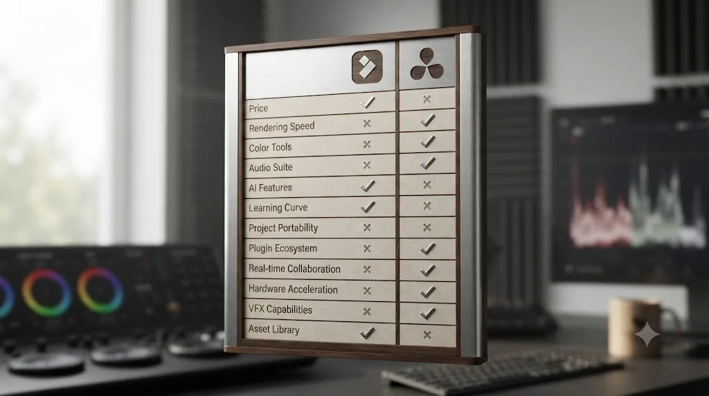 Illustration of a scoreboard comparing Wondershare Filmora and DaVinci Resolve across twelve categories