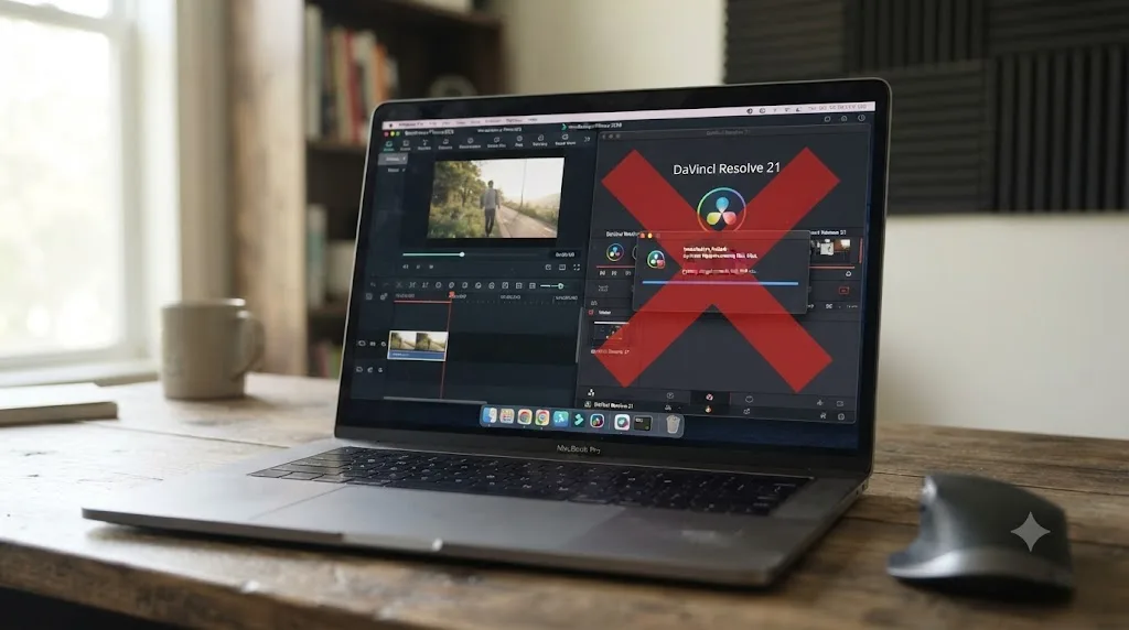 Illustration showing an older Intel Mac running Filmora but blocked from installing DaVinci Resolve 21