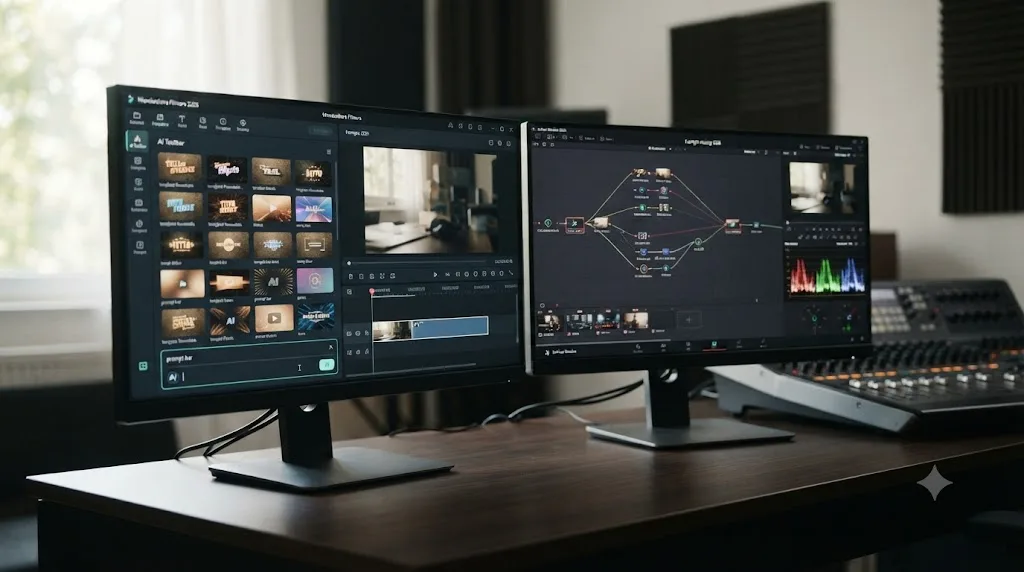 Illustration contrasting a Wondershare Filmora AI editing interface with a DaVinci Resolve node graph and audio console