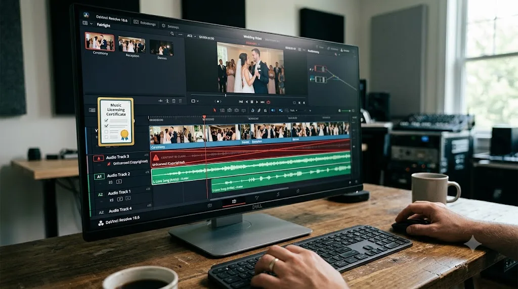 Illustration of two editors working on separate bins of the same DaVinci Resolve wedding project at once