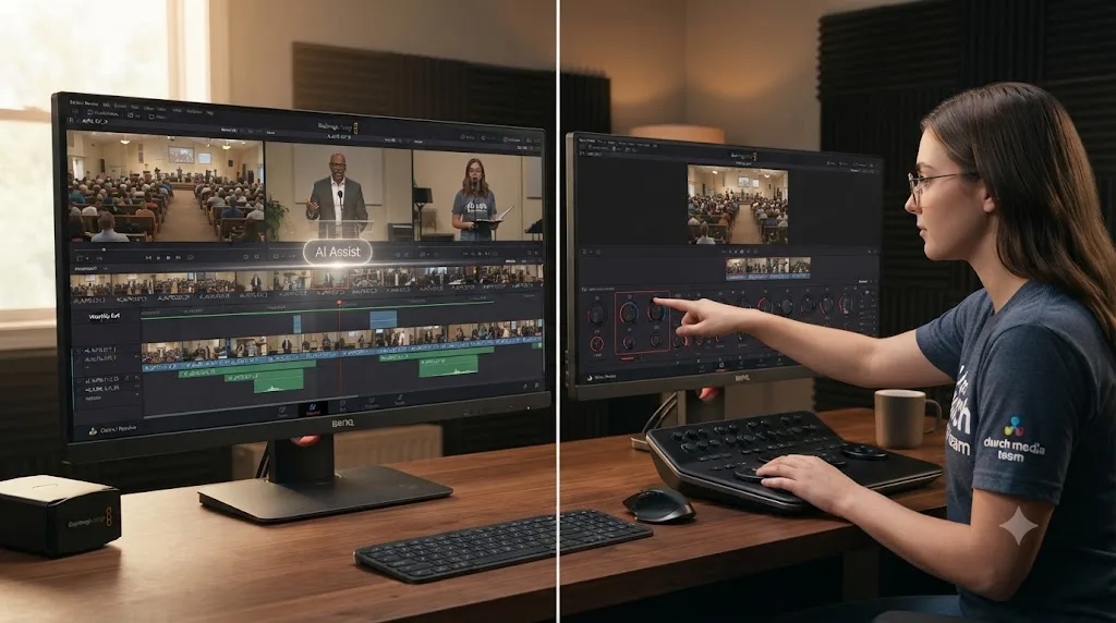 Illustration comparing an AI auto-cut tool with an assistant pointing at a DaVinci Resolve control during a church worship service video edit