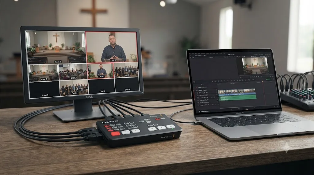 Illustration of an ATEM Mini ISO switcher connected to a laptop running DaVinci Resolve for church production