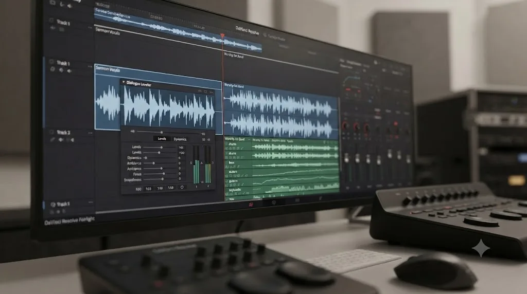 Illustration of DaVinci Resolve's Fairlight page with Dialogue Leveler applied to a church sermon audio track