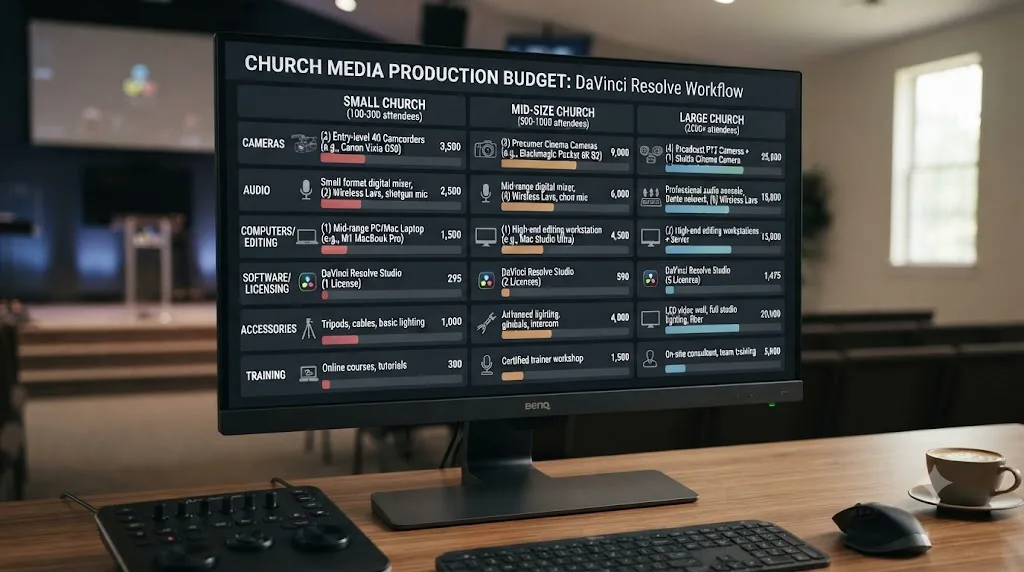 Illustration of a budget comparison chart for small, mid-size, and large church DaVinci Resolve production setups