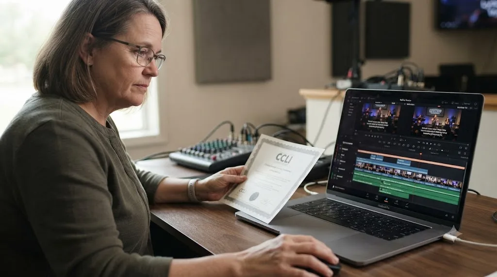 Illustration of a church media volunteer checking a CCLI streaming license certificate before publishing a worship service video
