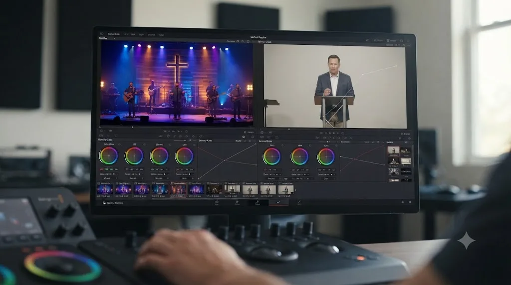 Illustration of a DaVinci Resolve color page matching a worship stage camera angle and a sermon camera angle to consistent looks