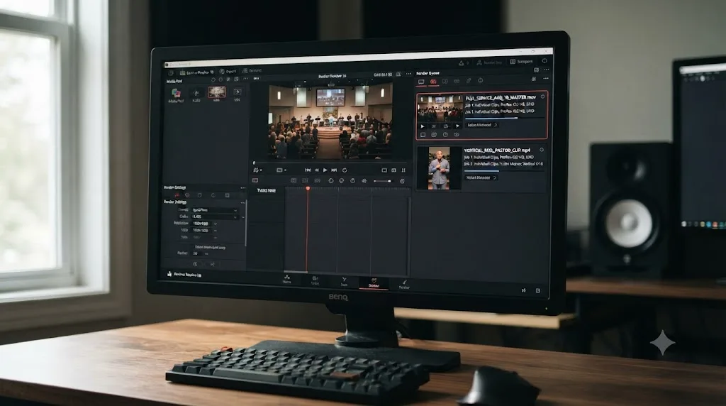 Illustration of a DaVinci Resolve deliver page rendering a full worship service replay and a vertical sermon clip together
