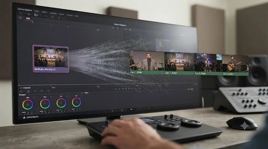 Illustration of a DaVinci Resolve multicam worship service clip being flattened into individual source clips for grading